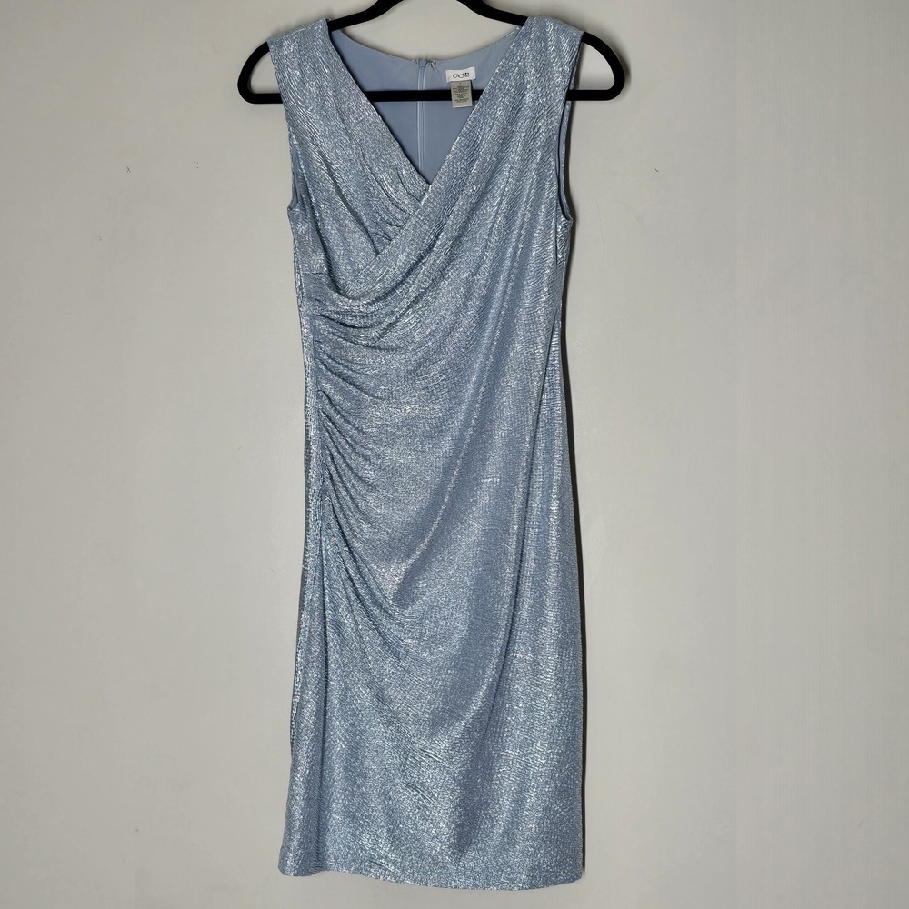 Cache Icy Blue Metallic Draped V Neck Midi Cocktail Dress Womens‎ 6 Y2K Glam